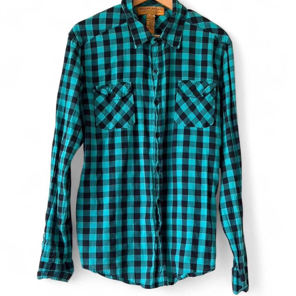 Stapleford Teal and Black Buffalo Plaid Cotton Button-Up Shirt